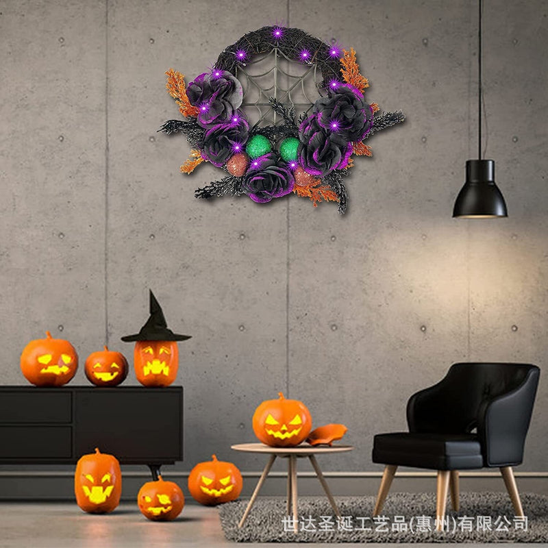 Black Rose Colorful Ball Wreath Halloween Spider Simulation Garland Door Hanging Pendant Happy Halloween Day Home Decoration