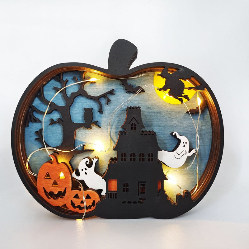 Halloween Wooden Crafts Pumpkin Crow Lanterns Wood Carved Patterns With Light Tabletop Ornaments Happy Halloween Party Decor